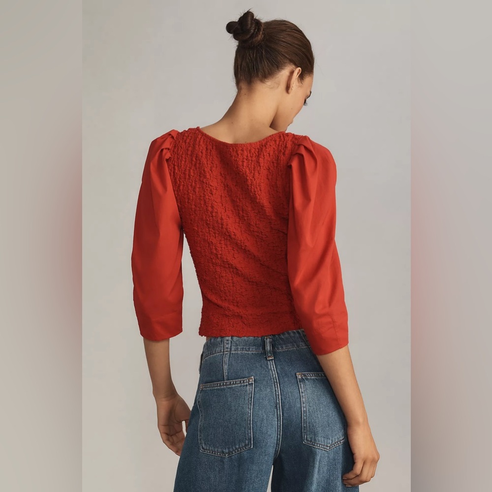 By Anthropologie Smocked Cardigan Top button blouse red M - Picture 8 of 8